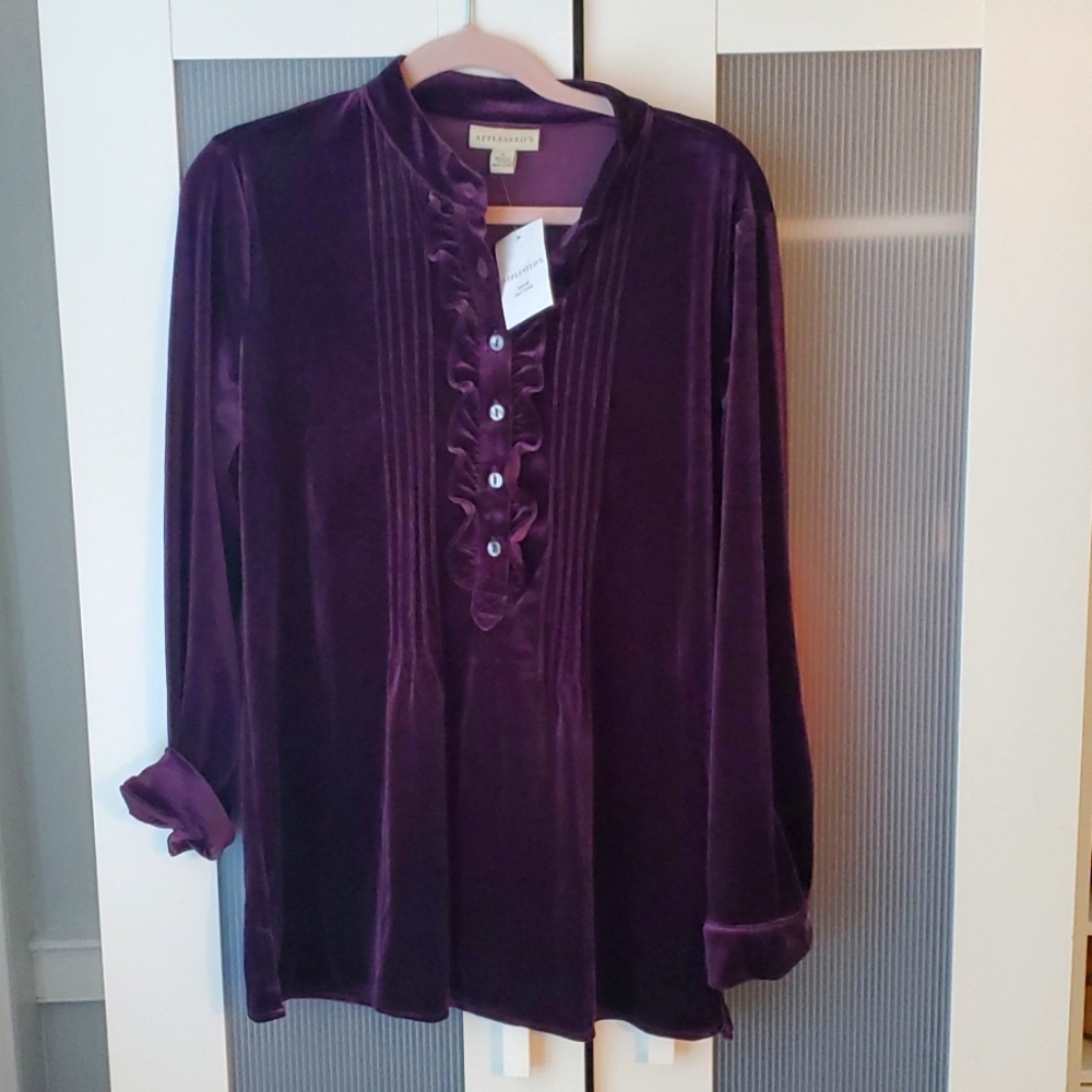 Appleseed Purple Velvet Ruffle Front Top S